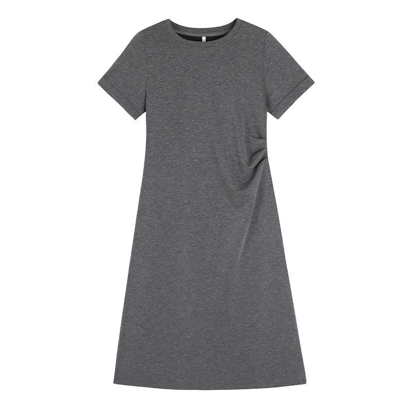 

Women's Plus Size Lazy Dress with Rhinestones - Ruched Waist, A-Line, Split Hem, Stylish for Curvy Figures