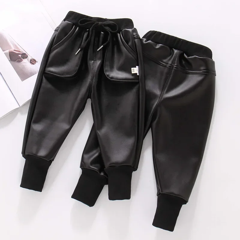 Boys PU Faux Leather Pants Kids Winter Fleece Black Imitation Children Warm Kids Leather Trousers Leather Pants For Boy Teenage