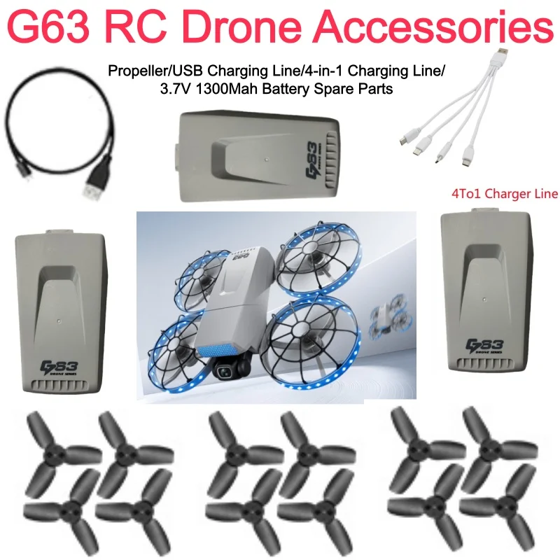 

Запасные части и аксессуары для квадрокоптера G63 с бесщеточным двигателем и оптическим позиционированием: аккумулятор 3.7V 1300мАч, USB-кабель, пропеллер