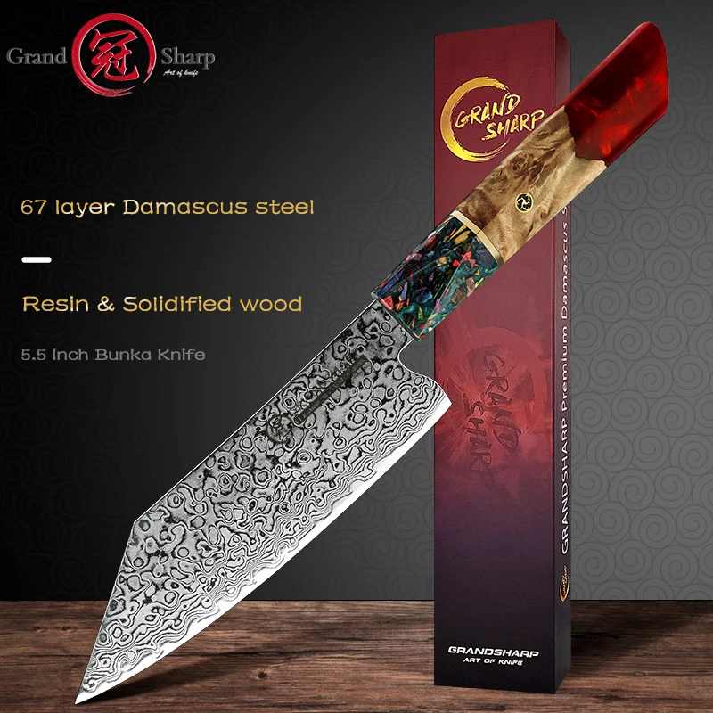 Grandsharp 5.5 inch Japanese Bunka Kitchen Knife 67 Layers Damascus Steel Chef Knives Fruit Meat Vegetables Cutter Cooking Tools