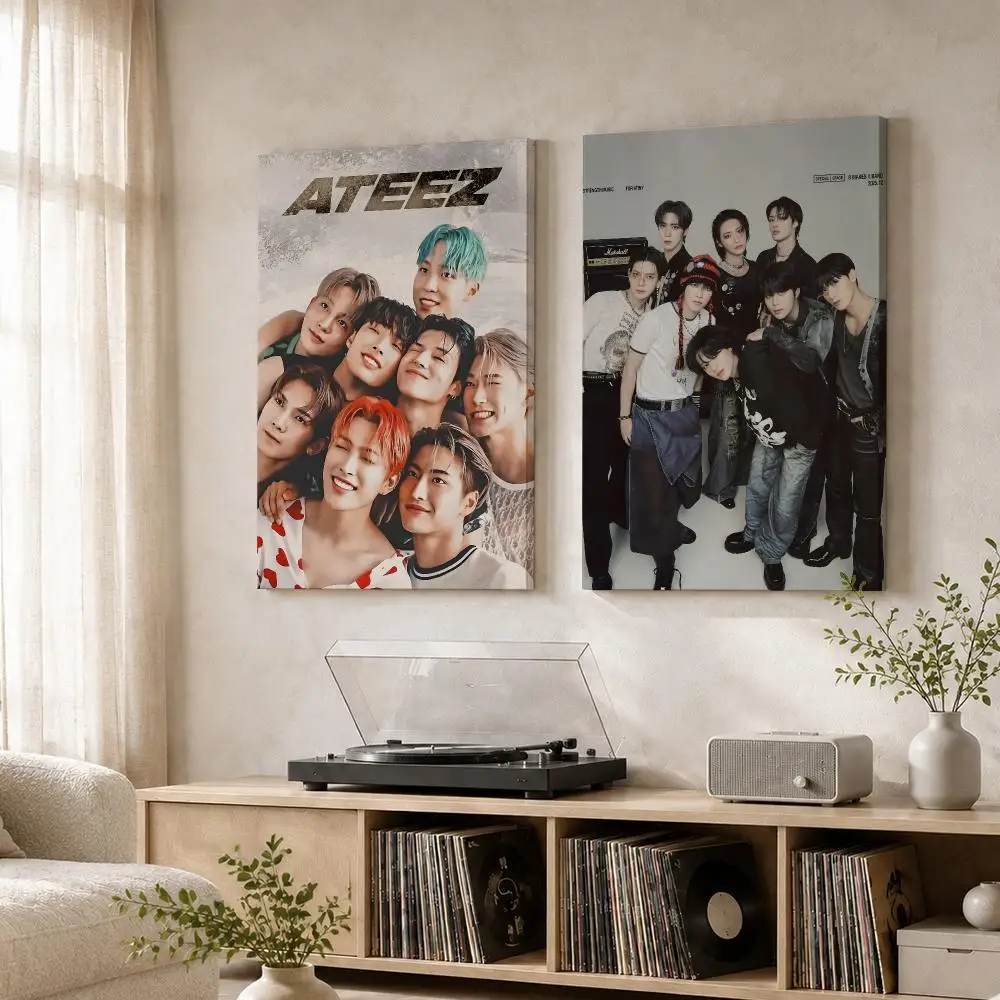 Korea Kpop Band A-ATEEZ Framed Wall Painting Wood Canvas Poster For Living Room Bedroom Hallway Office Home Decor Gift
