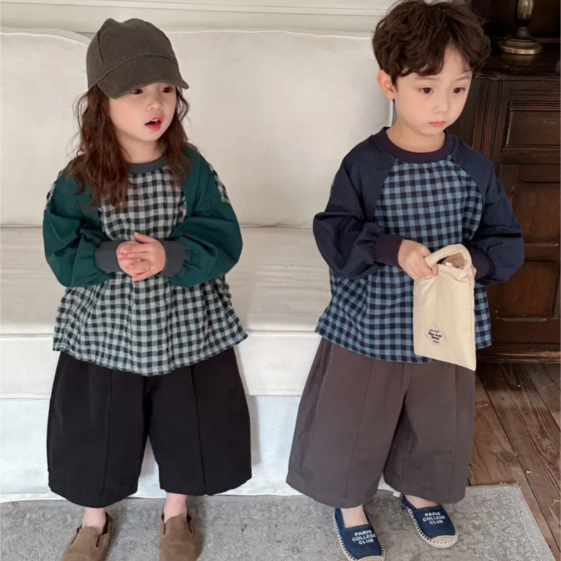 

Korean Spring Autumn Baby Boys 2PCS Clothes Set Raglan Sleeve Plaid Long Sleeve Undershirt Straight Pants Suit Kid Boys Outfits