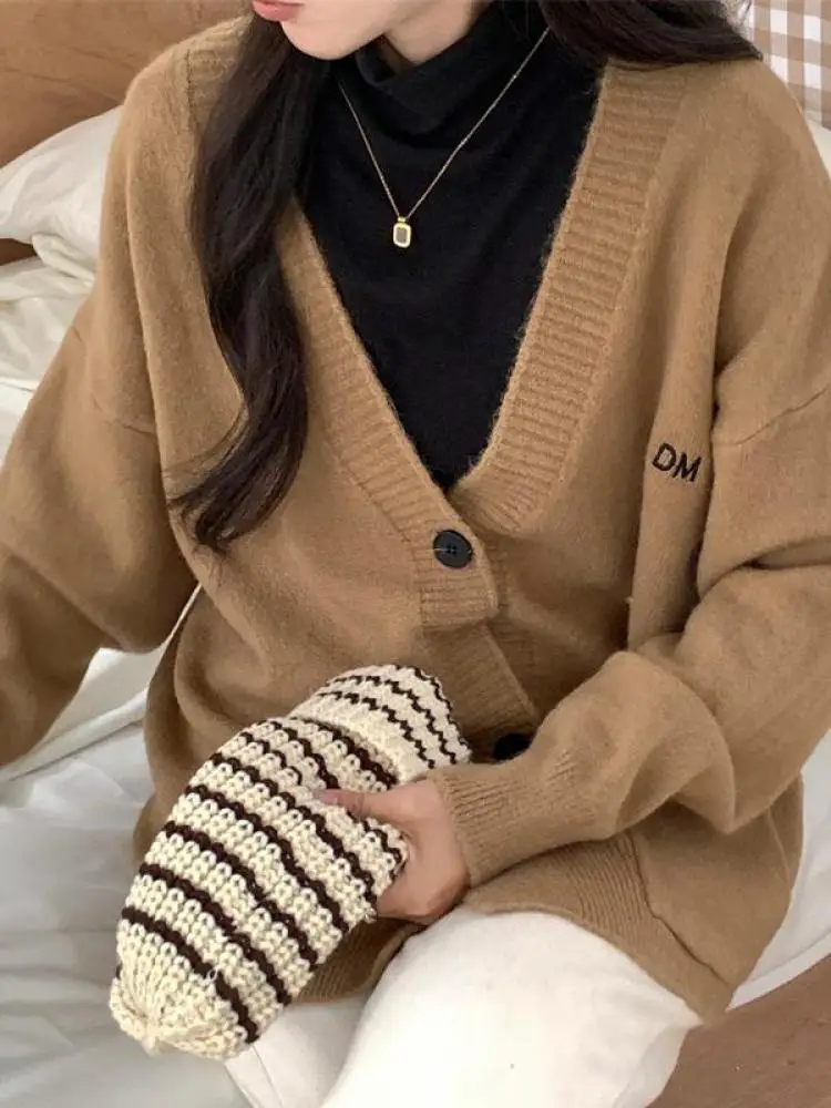 

Vintage Loose Thickened Knitted Cardigan For Women Autumn Winter Single Breasted Long Sleeve Solid Color Style Sweater Outerwear