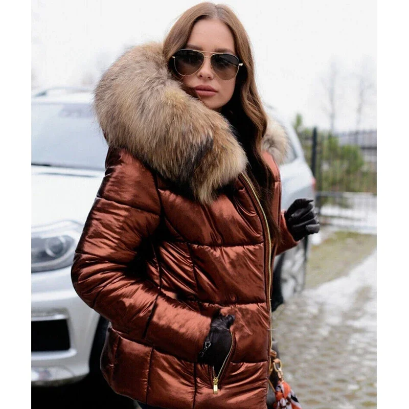 Women\'s Winter Warm Quilting Thickened Snow Coat Short Solid Color Hooded Fur Collar Fashion Cotton-padded Jacket Waterproof