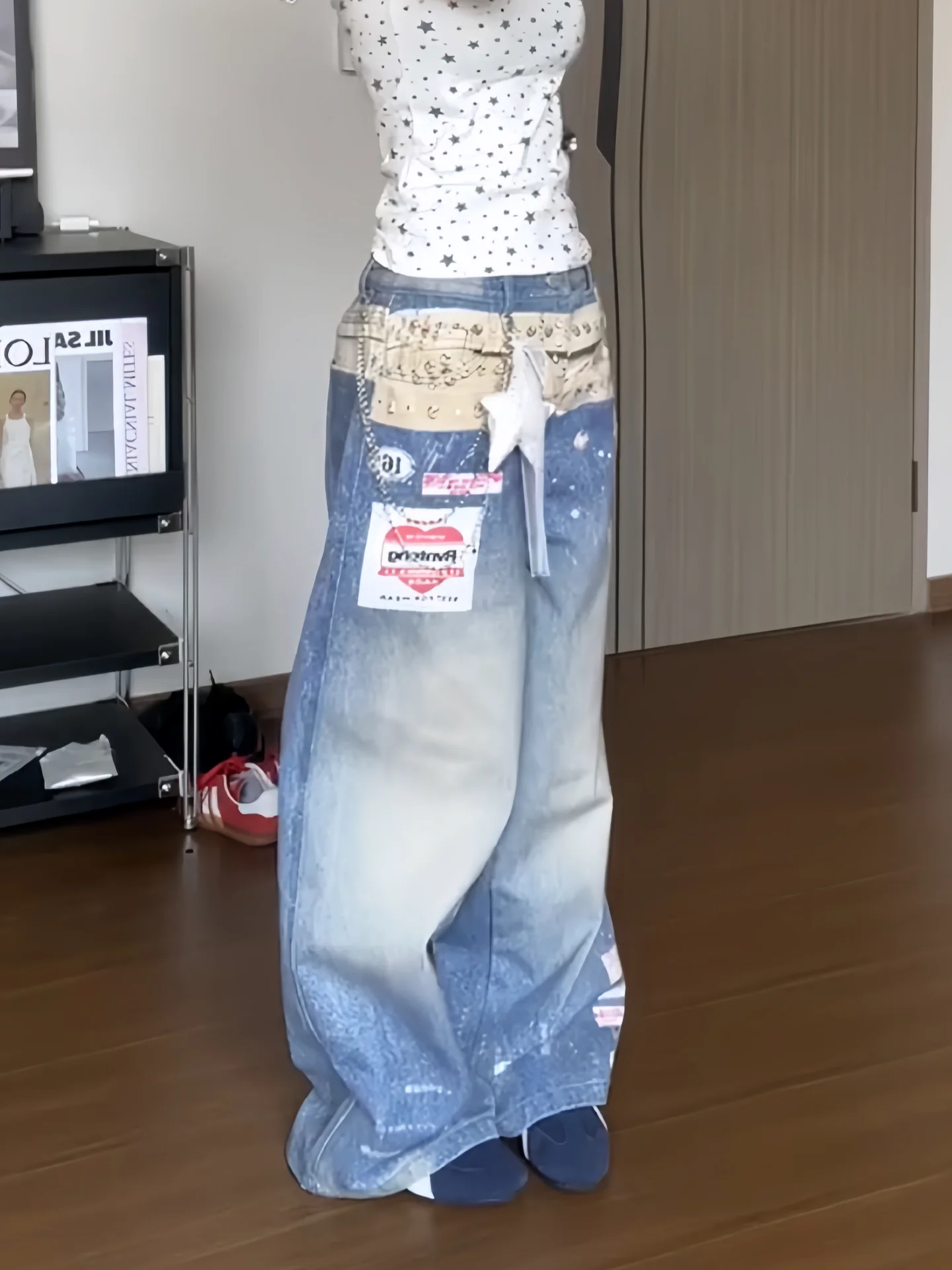 Jean à ceinture imprimé 3D Vintage en détresse pour femmes, pantalon en Denim à jambes larges imprimé tridimensionnel de Style de rue d'automne 2025