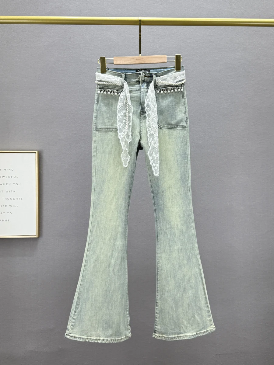 

High Waist Slim Fit Diamond Embellied Bell Bot Jeans Women's Spring Summer New Sle Faionable Long Length Cotton Stre...