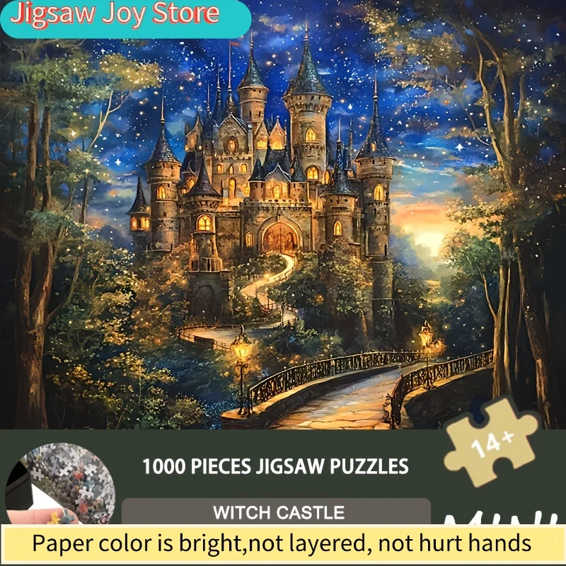 

Миниатюрный пазл «Замок ведьмы» — винтажная раскраска «Книга заклинаний» размером 14,96x14,96 дюйма с лунной башней, золотой дорожкой и звездным небом