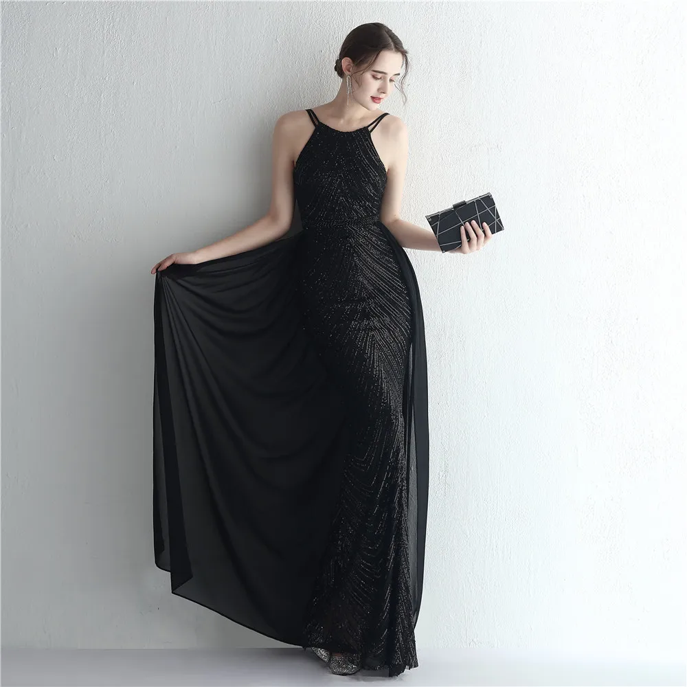 Sequin Evening Dress Party Long Dress With Detachable Chiffon Beaded Long Prom Dress