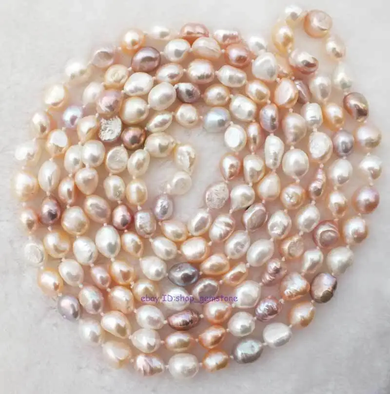 

Natural White Pink Purple 8-10mm Baroque oval freshwater pearl 50" Long sweater chain necklace