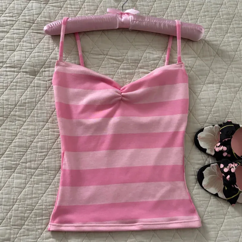 Women Striped Spaghetti Strap Camisole Top Twist‑Front Sleeveless Slim Fit Summer Casual Vest