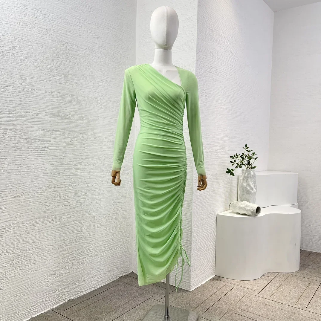 Green Elegant Women Shirring Waist Drawstring Full Sleeve Irregular Collar Ruched Slim Fit High Quality Midi Dress