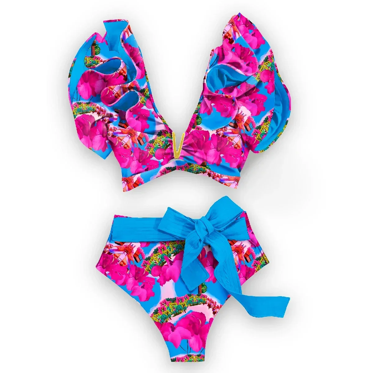 Maillot de bain sexy à volants, imprimé floral, points, col en v, taille haute, bikini, ensemble deux pièces, pour femmes, vêtements de plage, nouvelle collection 2024