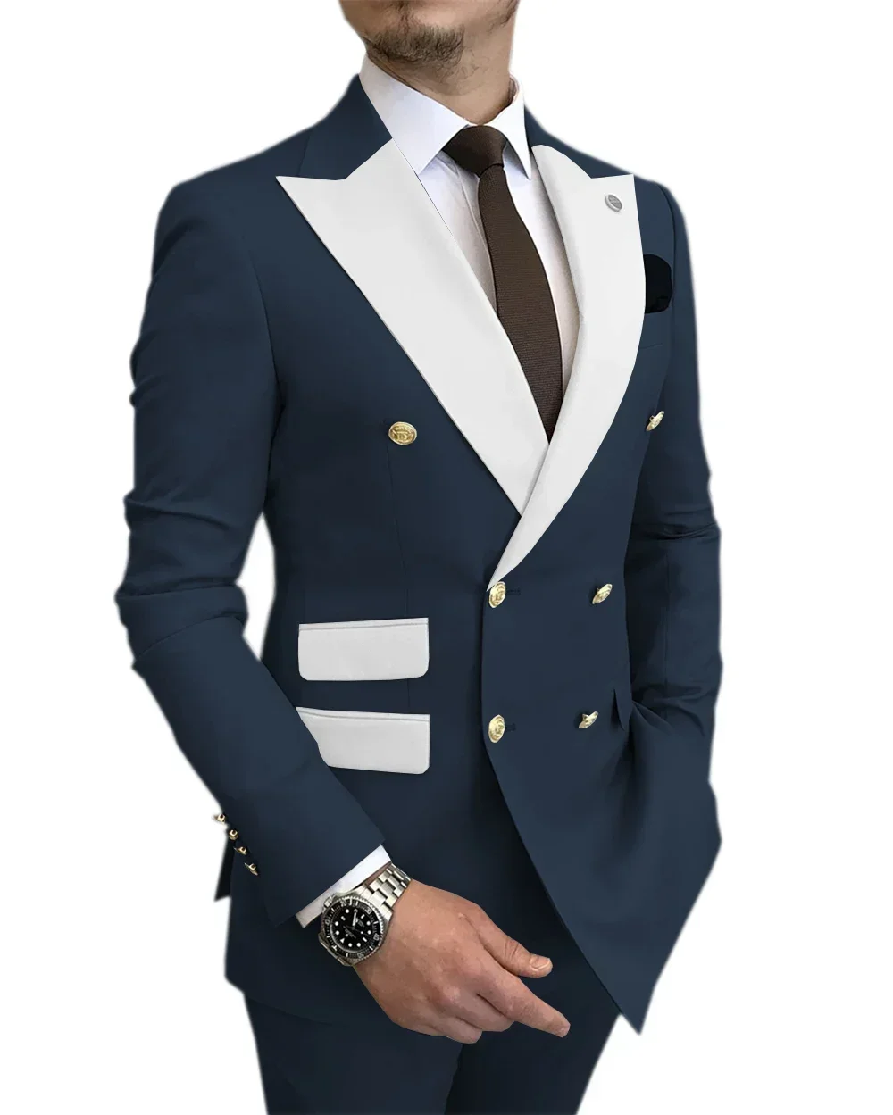 Formal Men's Double Breasted Suit  Peak Lapel Gold Button Wedding Groom Tuxedo Terno Prom Blazer Pants (Jacket + Pants)