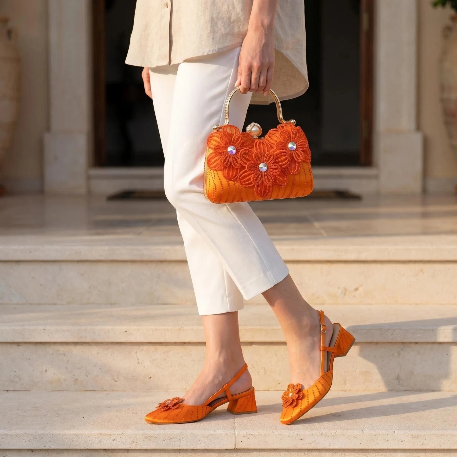 

Summer Fashion Flowers Women Sandal Shoes And Bag Sets Newest African Rhinestone High Heels Shoes And Bags For Evening Party