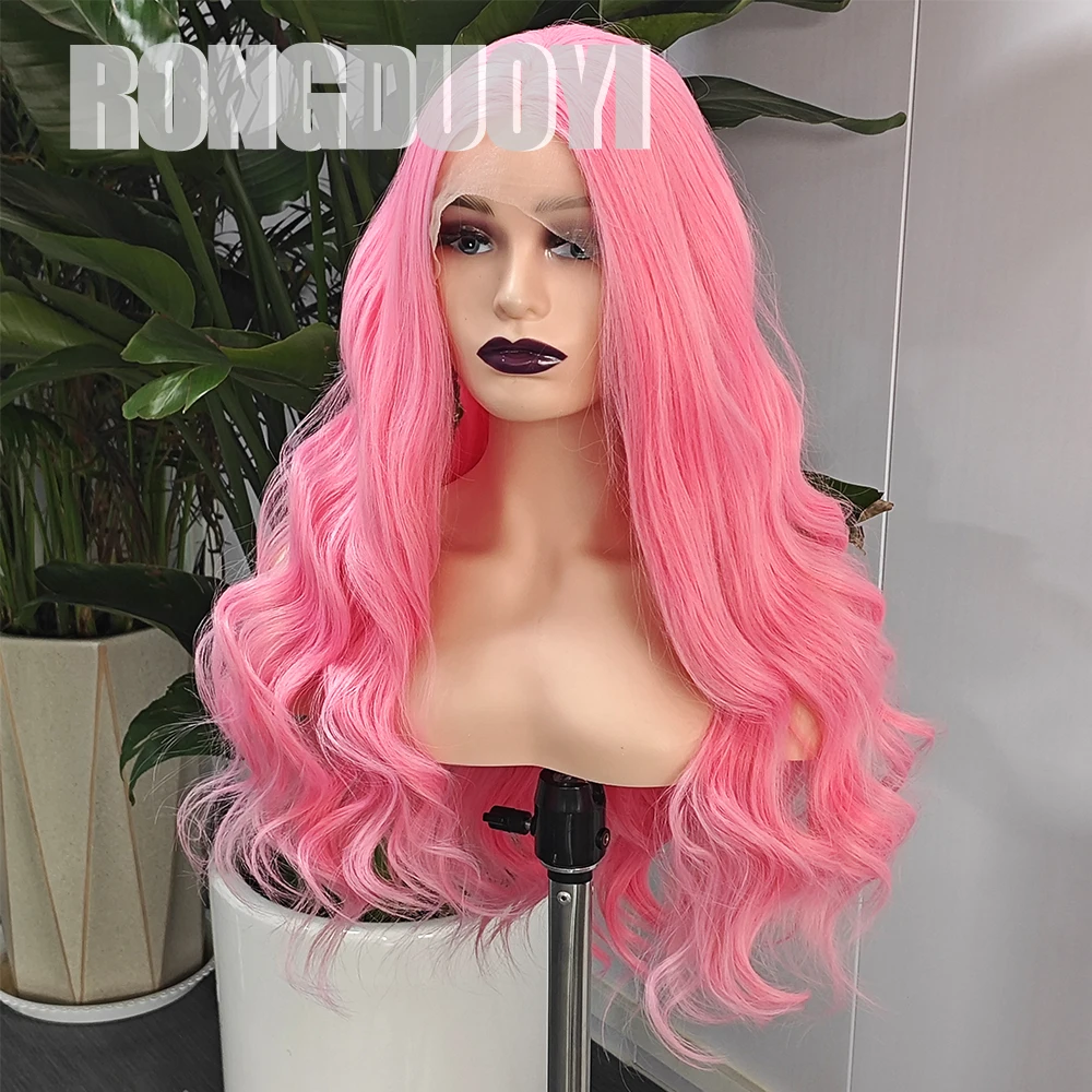 RONGDUOYI Pink Synthetic Lace Wig Body Wave Cosplay Wig for Women Heat Resistant Fiber Lace Frontal Long Wavy Pastel Pink Hair