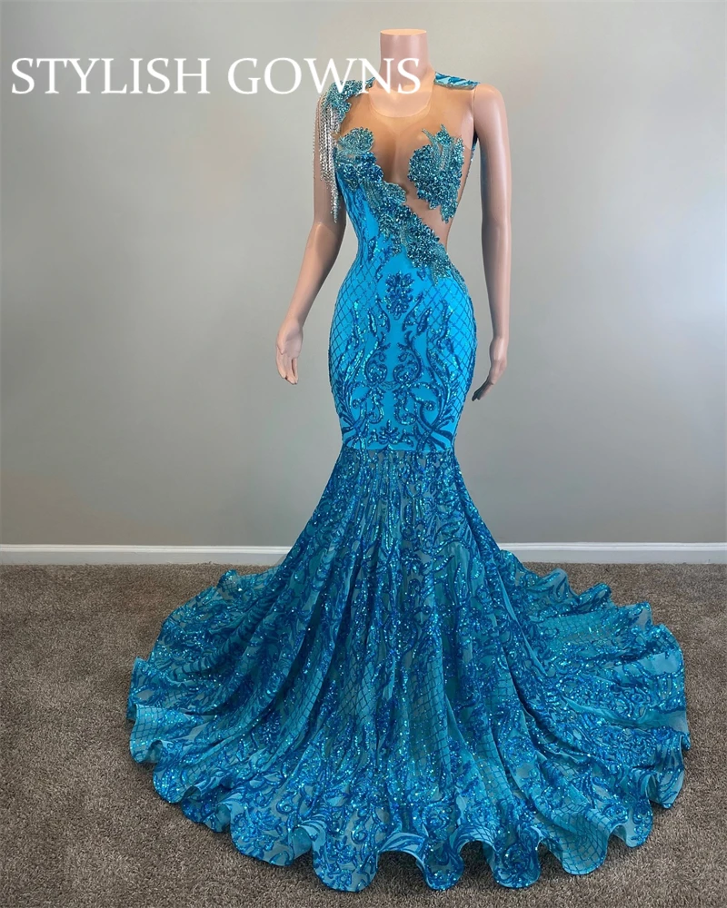 See Through Ice Blue Seuqins Beaded Prom Dress Crystals Printed Tassel Evening Dresses Ruffled Floor Length Prom Gown Customized