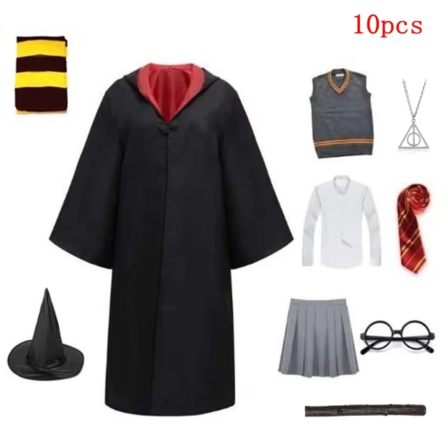 Disfraz de Harry Potter para adultos y niños, disfraz de Hogwarts, túnica mágica, disfraz de Hermione, capa de Gryffindor, suéter, corbata, uniforme escolar de Slytherin Malfoy
