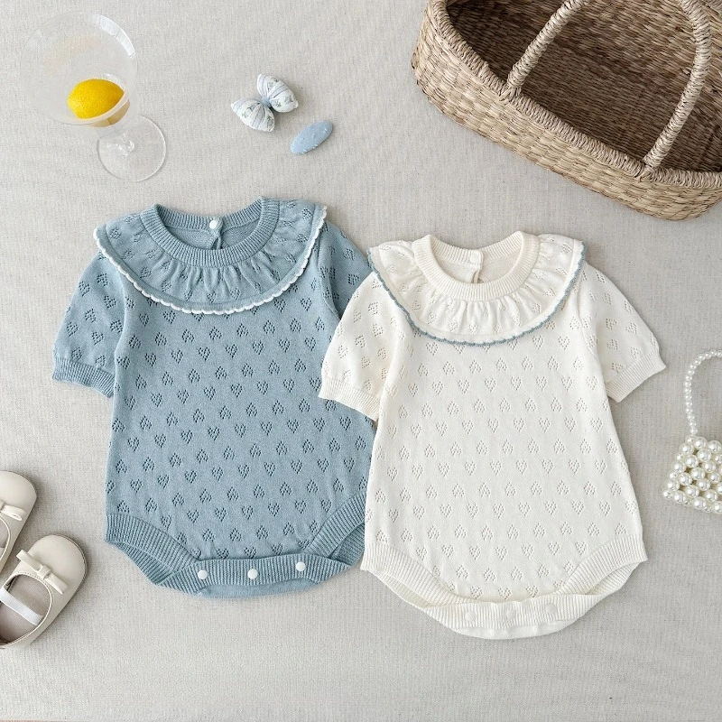 Y 2026 Infant and Toddler Thin Cotton Knitted Short Sleeves Baby Summer New Style Lotus Leaf Collar Hollow Triangle Crawler
