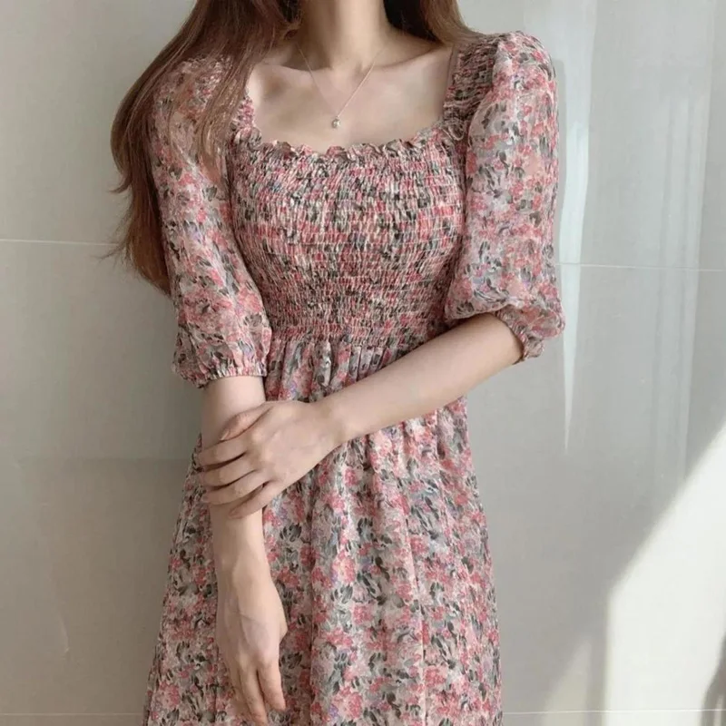 France Vintage Print Chiffon Floral Dress Woman 2022 Summer New Elegant Folds Half Sleeve Square Collar High Waist Knee Dresses