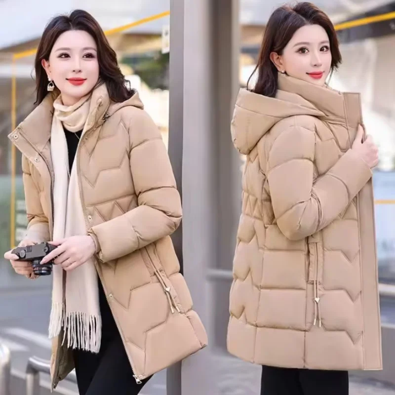 Women's Mid-length Down Cotton Jacket Korean Thicken Winter Coat Warm Removable Hood Slim Fit Parkas Outerwear