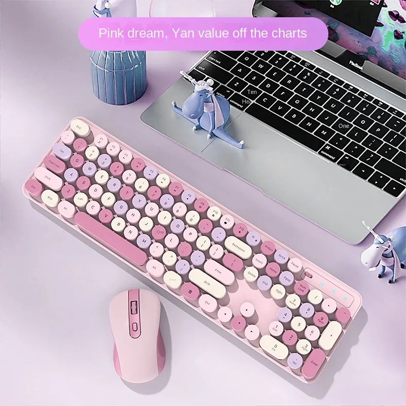 Ck280 2.4g Wireless Keyboard Mouse Set Silent Mixed Color Cute Good Looking Round Keycap Connecting Two Devices At The Same Time