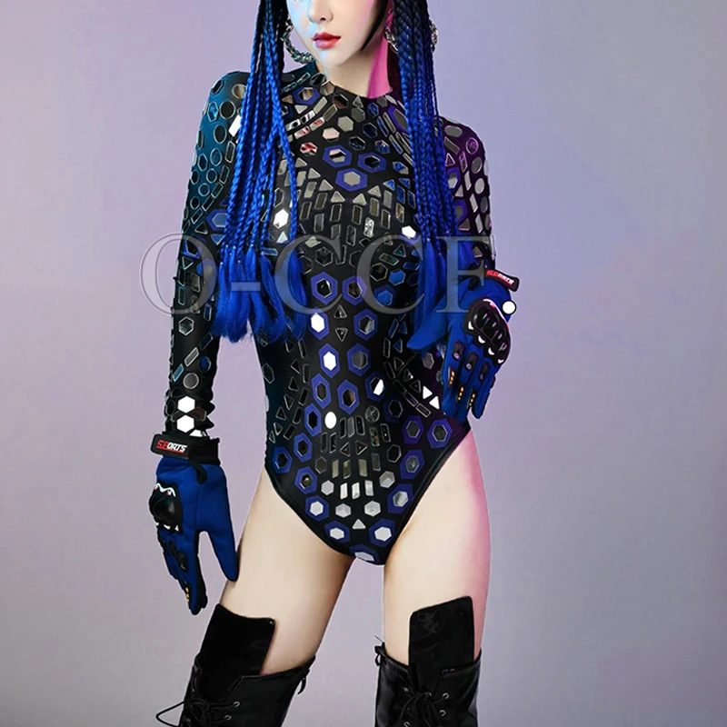 Gogo Show Performance Costume Specchio Stage Outfit Nero Blu Body Donna Festival Rave Abbigliamento Discoteca Dancewear yj004