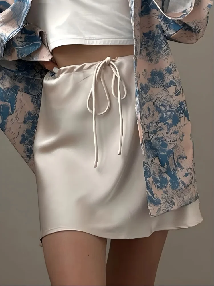 Satin Mini Skirts Women Summer Beige Silk Short Skirt For Woman Drawstring High Waist Black Satin Skirt A Line Women Short 2026