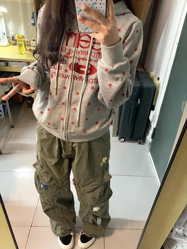 

Американские джинсы-карго в стиле милитари с вышивкой, с высокой талией, свободные, широкие штанины, длиной в пол, для женщин