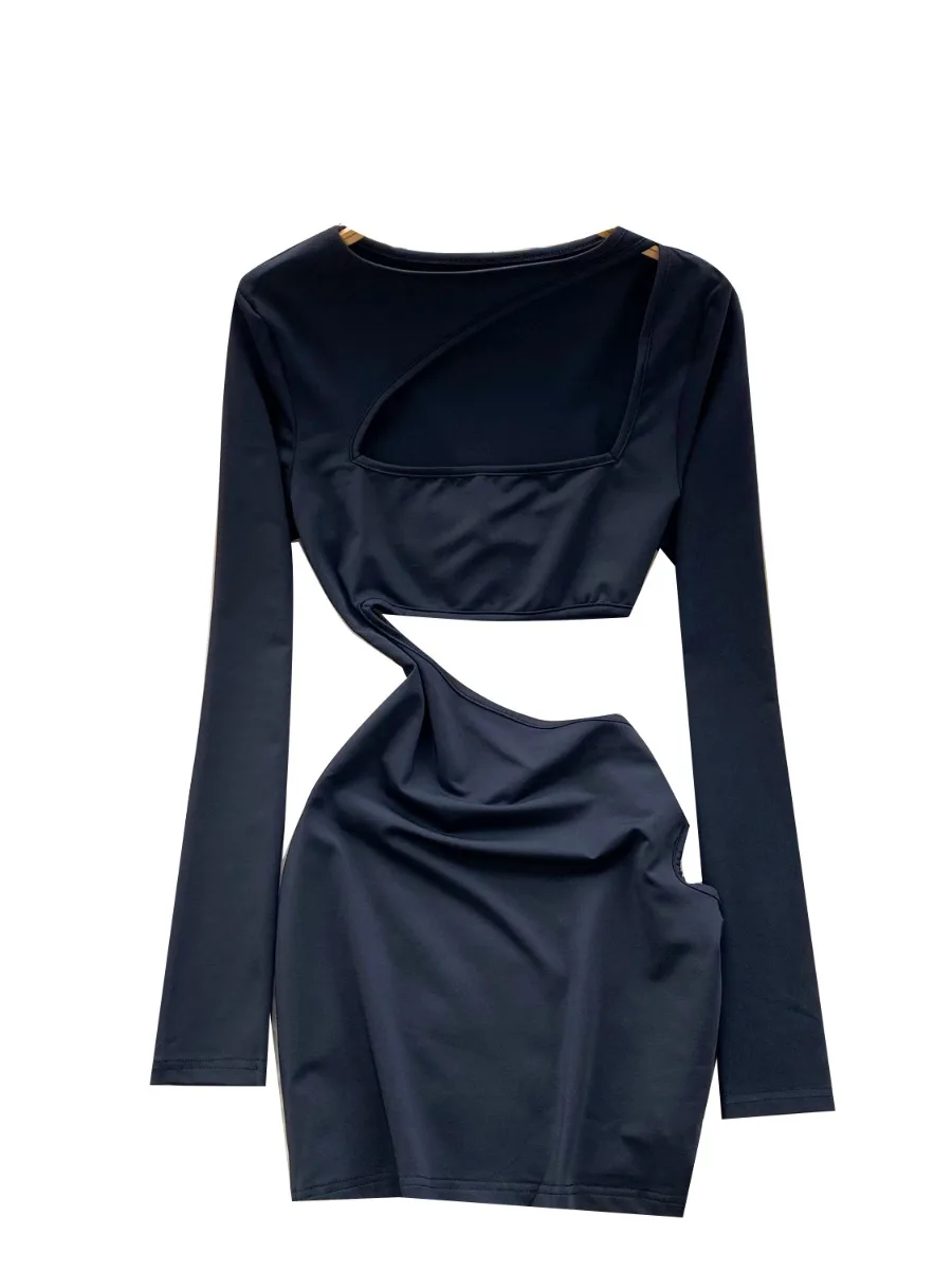 Foamlina Girly แขนยาวผู้หญิงฤดูร้อน Crop Top ไม่สม่ําเสมอ Hem Slim Fit เอว Hollow Out Bodycon Mini Dress