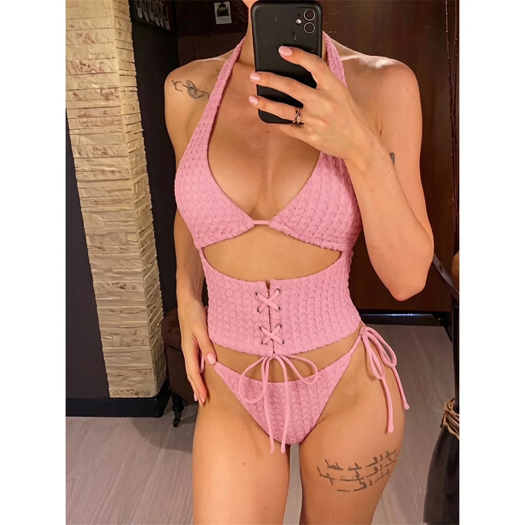 Tankini mit Schnürung, Neckholder-Bikini, Damen-Badeanzug, zweiteiliges Bikini-Set, Badeanzug mit hohem Beinausschnitt, Badebekleidung, Schwimmanzug V8340 – Detail 4