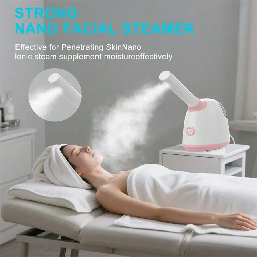 3-In-1 Nano Ionic Facial Steamer, Large Water Tank With 360° Rotatable Nozzle, Works As Humidifier, Pore Cleanser & Blackhead Remover, Spa Quality Home Skin Care Machine, Free Roller And Hair Band Included For Facial Beauty