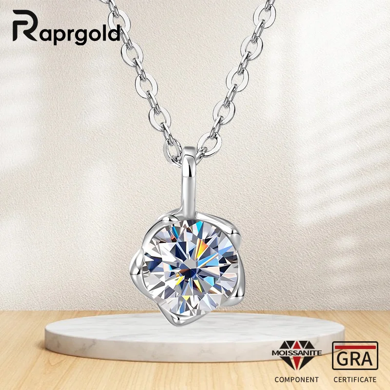

RAPRGOLD D VVS1 Round Moissanite Flower Pendant Necklace for Women S925 Sterling Silver Chains Wedding Neck Fine Jewelry Gifts