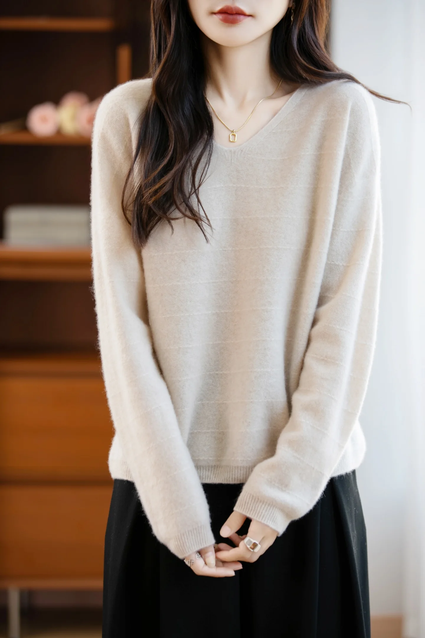 

Women's 100% Merino Wool Cashmere Pullover V-Neck Long Sleeve Knitwear Fashion Basic Autumn Winter Sweater Top