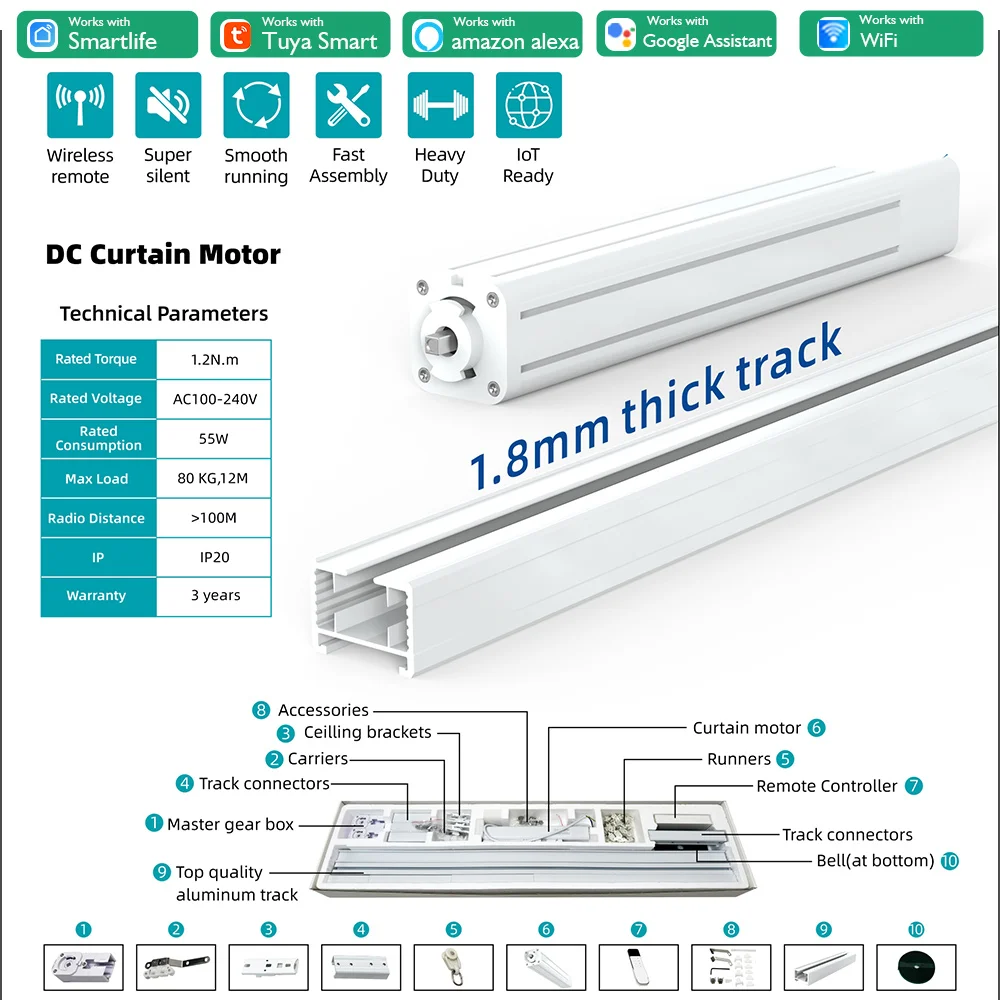 Smart Curtain Kit System DIY Automatic with Tuya WiFi Driver Remote Control Motorized Electric Rail Tracks Alexa Compatible
