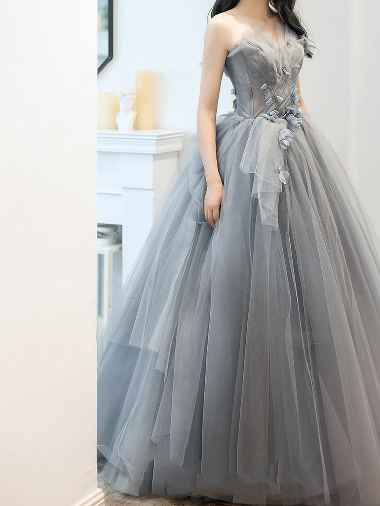 Customized Banquet Elegant Grey Blue Evening Dress Strapless Sleeveless A-line Flowers Formal Party Gowns Vestidos De Noche