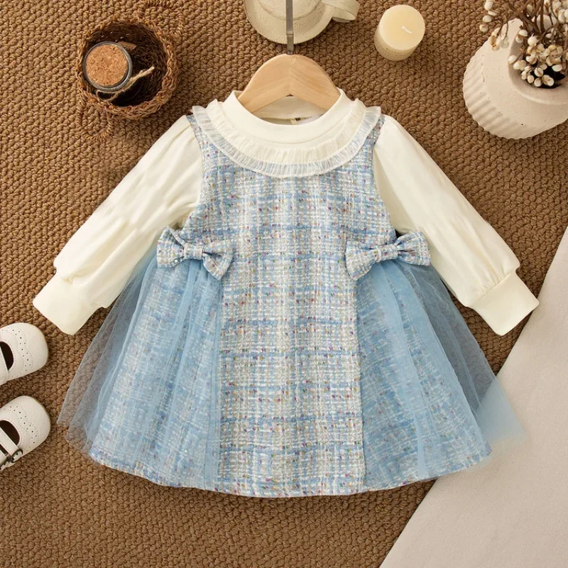 

New Baby Girl Bow Decoration Princess Dress Korean Style Autumn Long Sleeved Clothes Tulle Dress with Children's Girl Dress