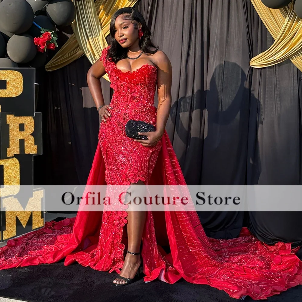 Glitter Red Prom Dresses With Train 2026 Black Girls Beading Wedding Party Crystals Sequins Evening Party Gowns Customized