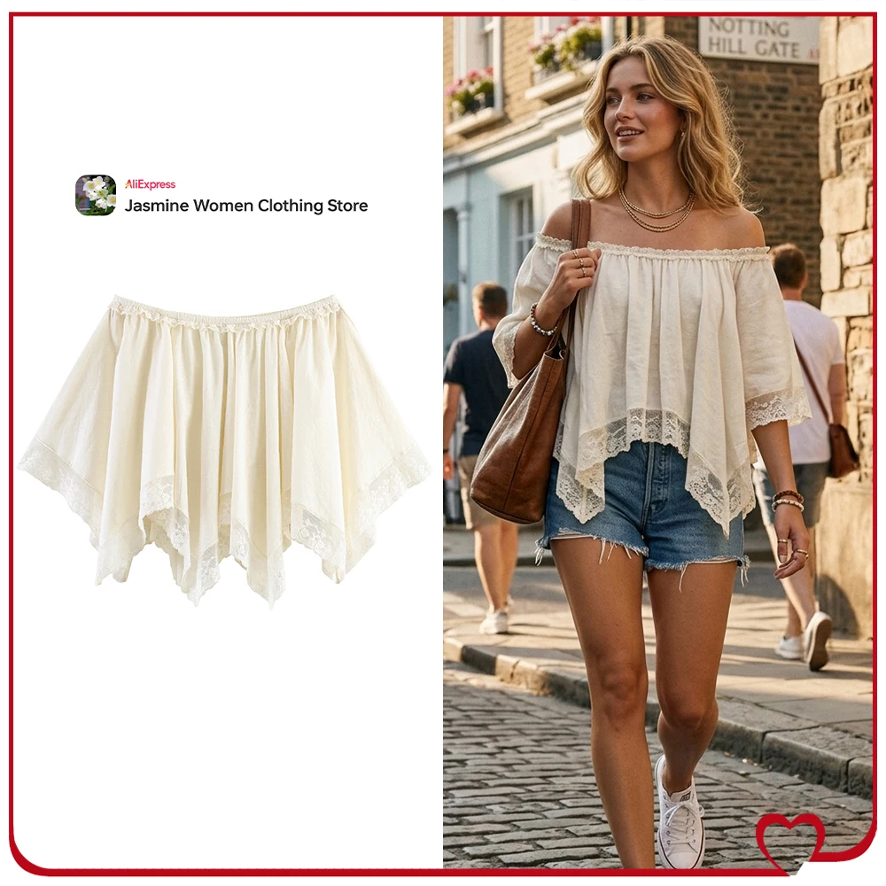 

Elegant Chic Lace Cape Tops for Women Fashion Summer Boat Neck Tops with Short Cape Sleeves with Tonal Lace and Asymmetrical Hem