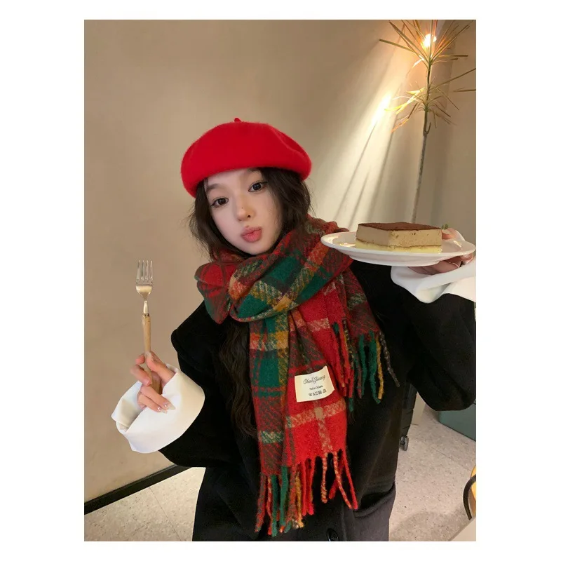 2023 Christmas Scarf Winter Warm Female Korean Version of Simple Versatile New Year\'s Gift To Give Red Tassel Plaid Scarfs