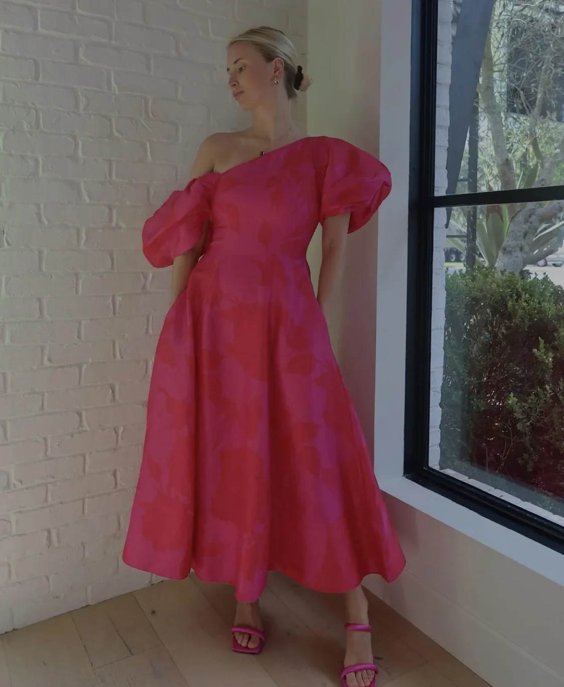 

Women Silk Linen Flower Print Diagonal Collar Holiday Long Dress
