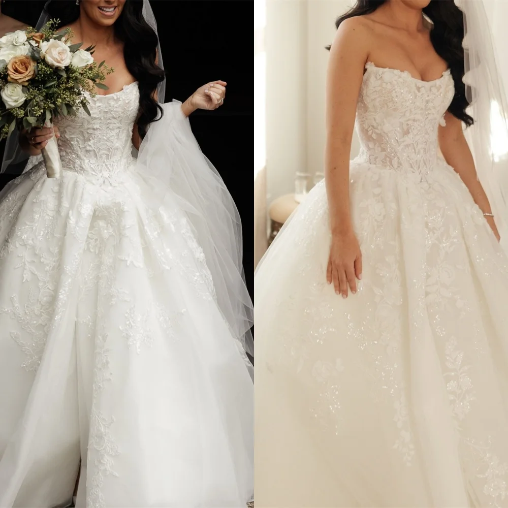Customized Exquisite White Organza Wedding Dress Delicate Strapless Sleeveless Vestido De Novia Simple Zipper Back Bridal Gowns