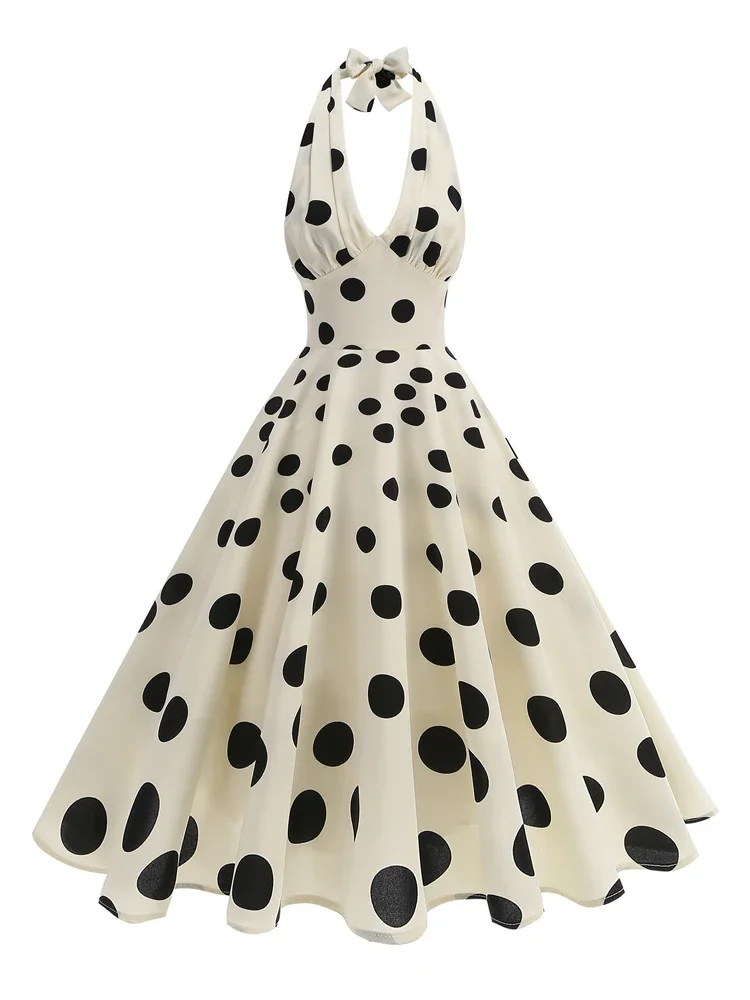

2025 Halter Neck High Waist Retro Women Dress Polka Dot Print Summer Prom Evening Party Backless Fit and Flare Vintage Dresses
