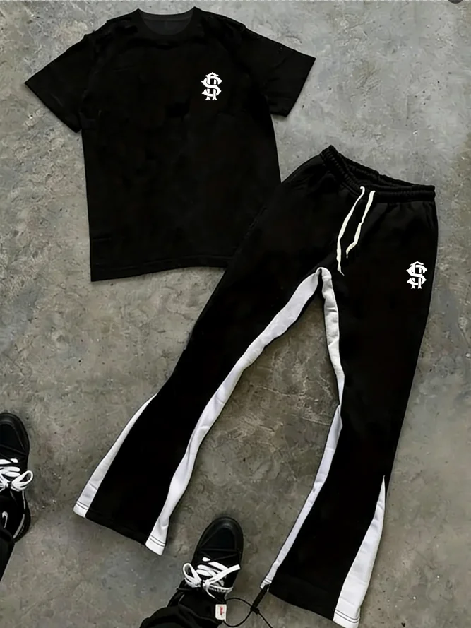 

Men's ClothingUrban Fashion Tracksuit – Black & White Flared Bottoms & Short Sleeve Top T-shirt Sets