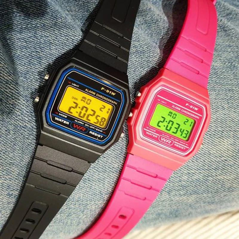 F91W Colorful LED Digital Watch for Men Women Silicone Strap Wristwatches for Couple Sports Square Wrist Band Clock Ladies Gift