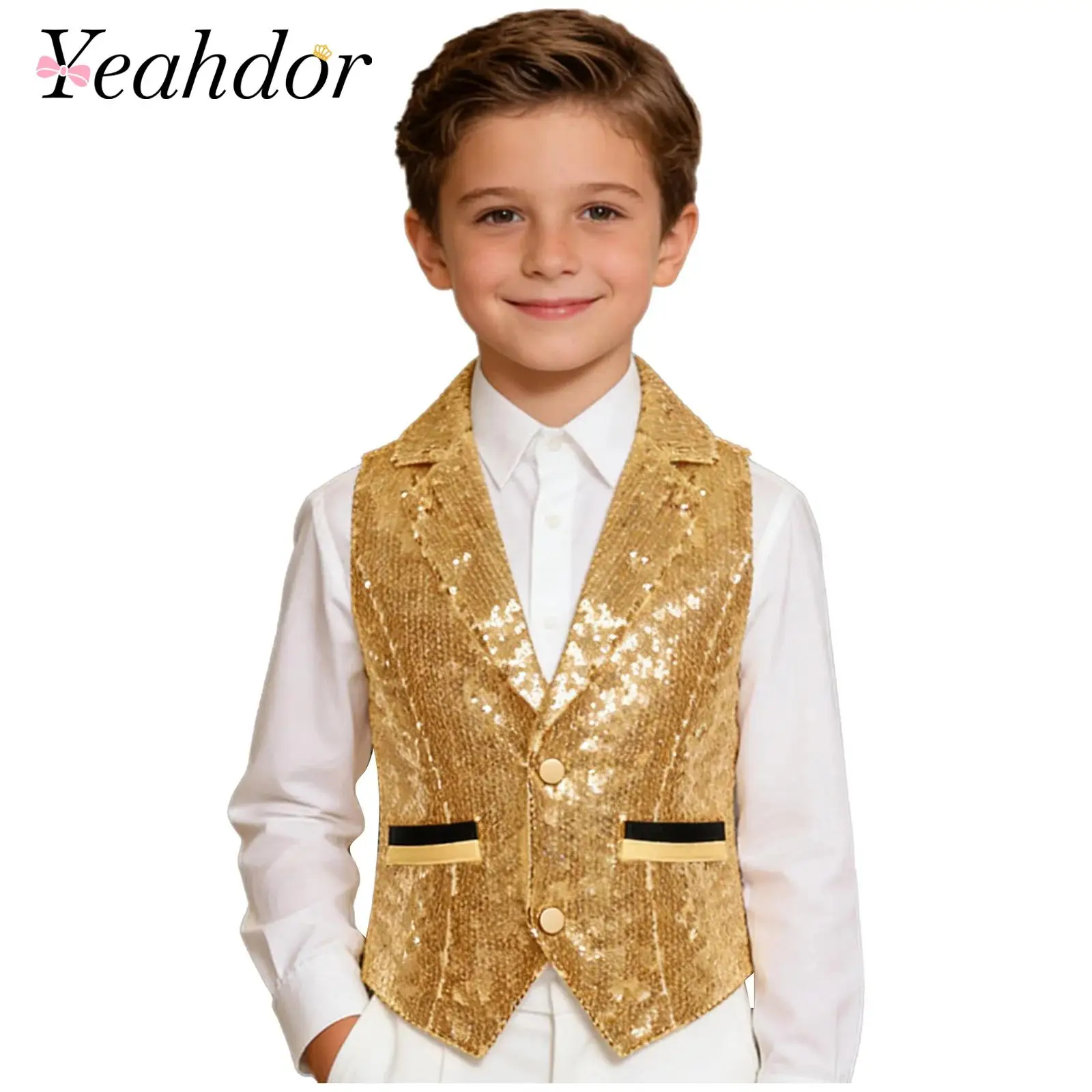 

Kids Boys Glittery Waistcoat Cowboy Disco Outfit V Neck Sequin Vest Tank Top for Boy Wedding Stage Performance Children's Vests