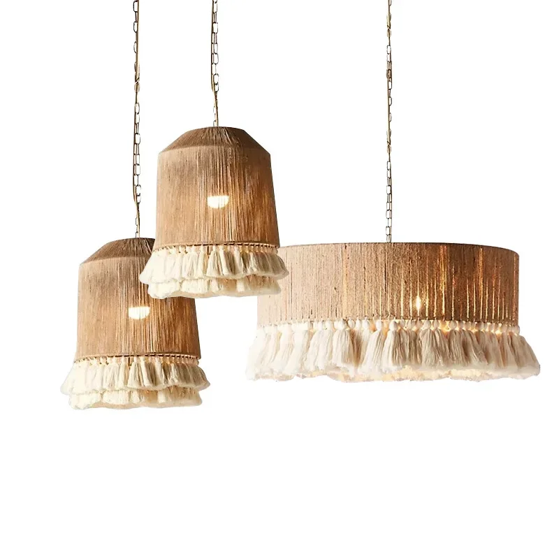 Wabi-sabi retro living room rope chandelier bohemian fabric fringed bedroom dining light