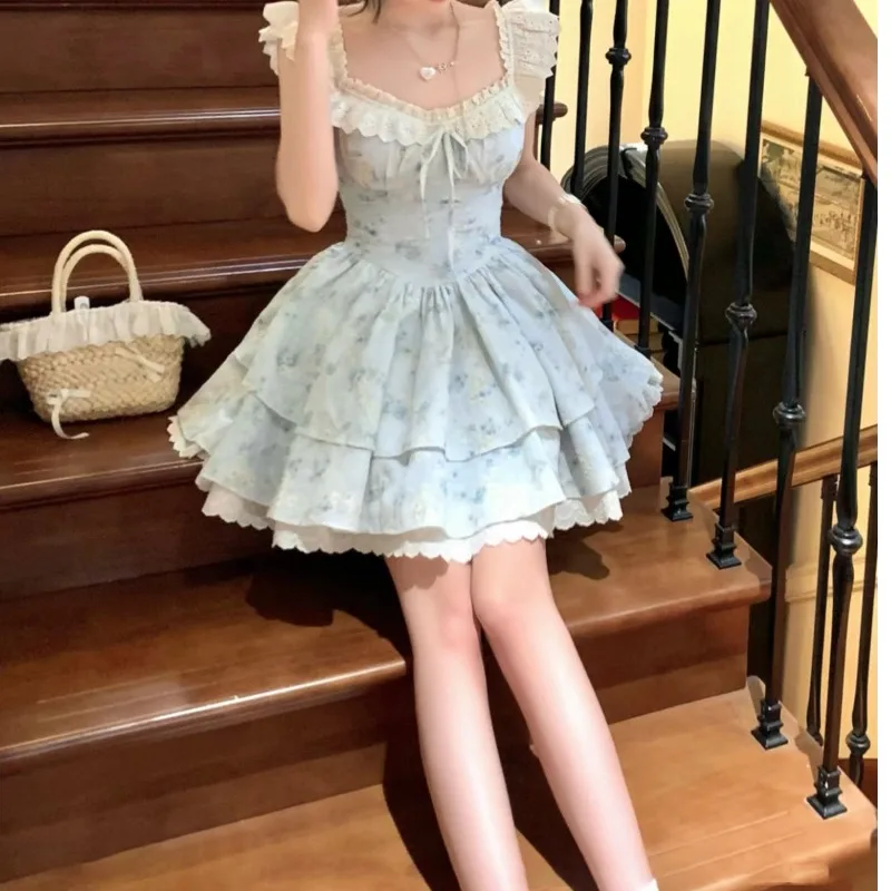 2025 nuevo verano dulce estampado Floral estilo francés manga acampanada cintura ceñida vestido delgado Lolita princesa vestido de baile mujeres Mini vestido
