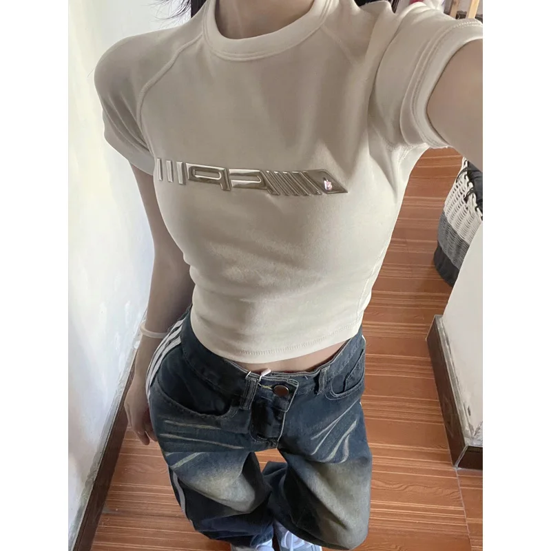 Camiseta Retro Americana Estampado Metalizado Picante para Mujer, Manga Corta, Ajuste Delgado, con Inserciones en los Hombros, Mezcla de Algodón, Top de Verano