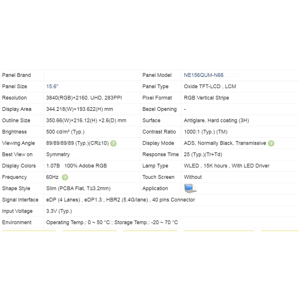 15.6 Inch 4K Laptop LCD Screen NE156QUM-N66 NE156QUM-N51 LTN156FL02 Display Matrix Panel Replacement UHD 3840x2160 eDP 40 Pins