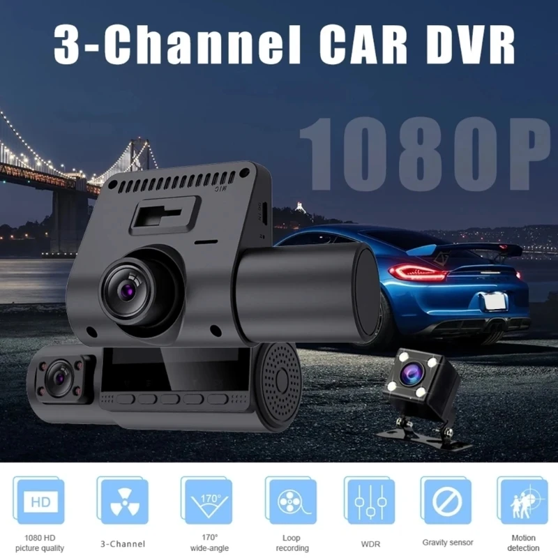 Mini 3 Channel Car DVR Three-Lens Inside Vehicle Camera Recorder Video HD1080P Dashcam Loop Recording Car Charge